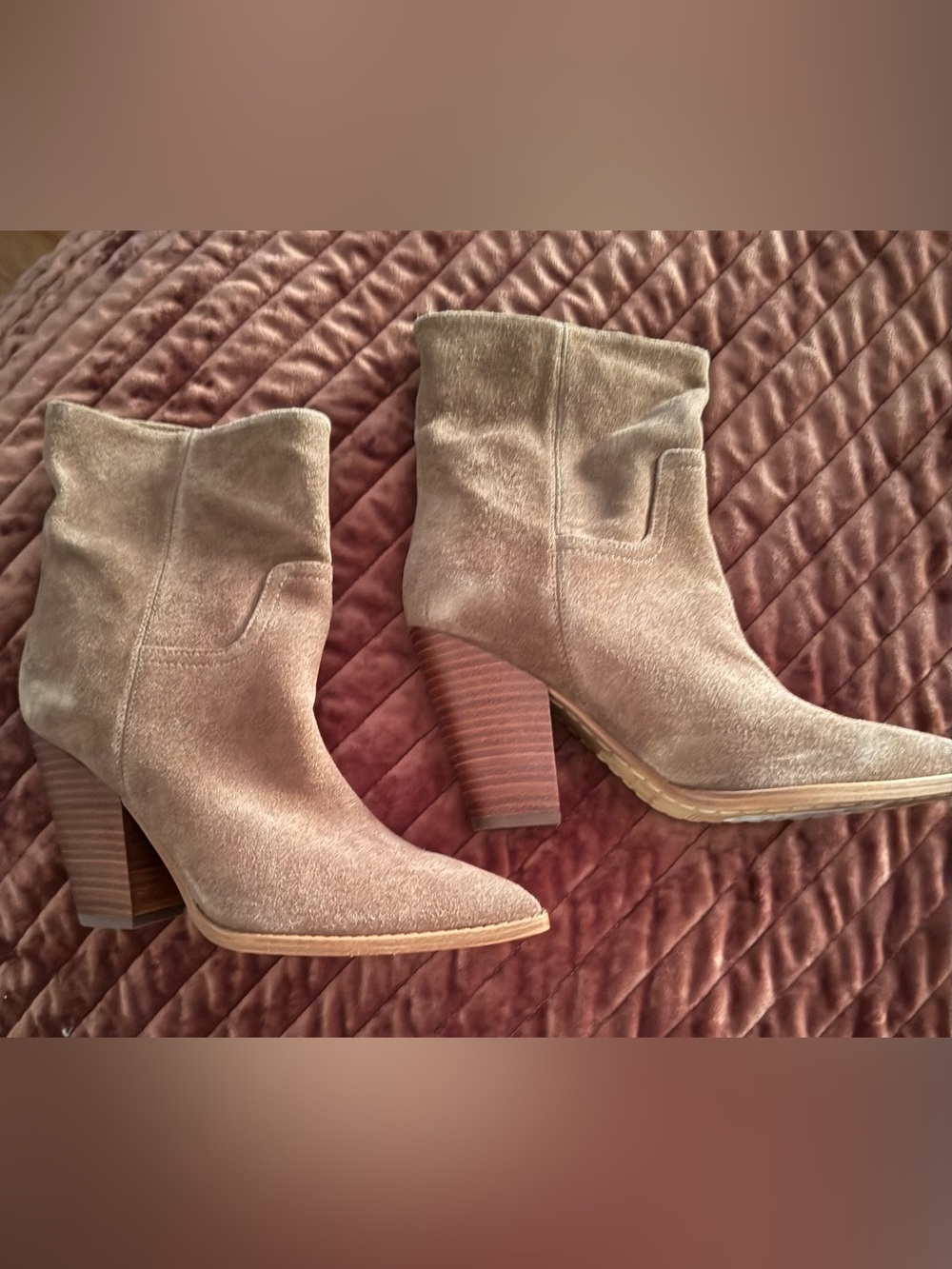 Marc Fisher Taupe Suede Pointed Heel Ankle Boots